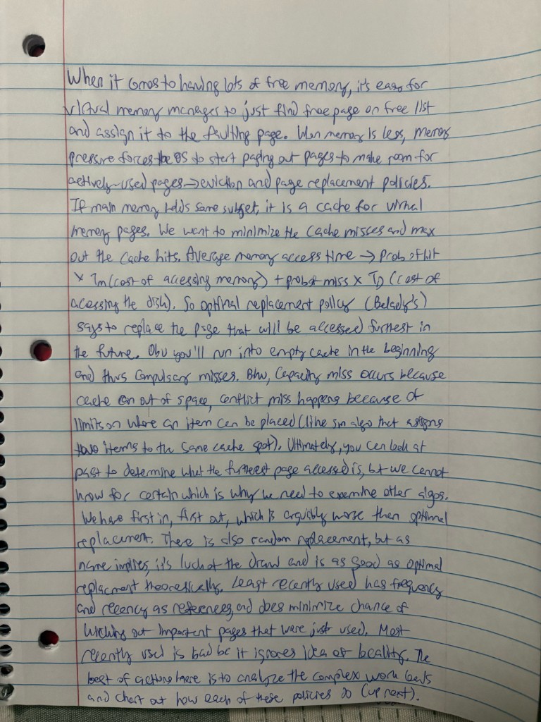 Handwritten notes on memory pressure, AMAT, and page replacement policies